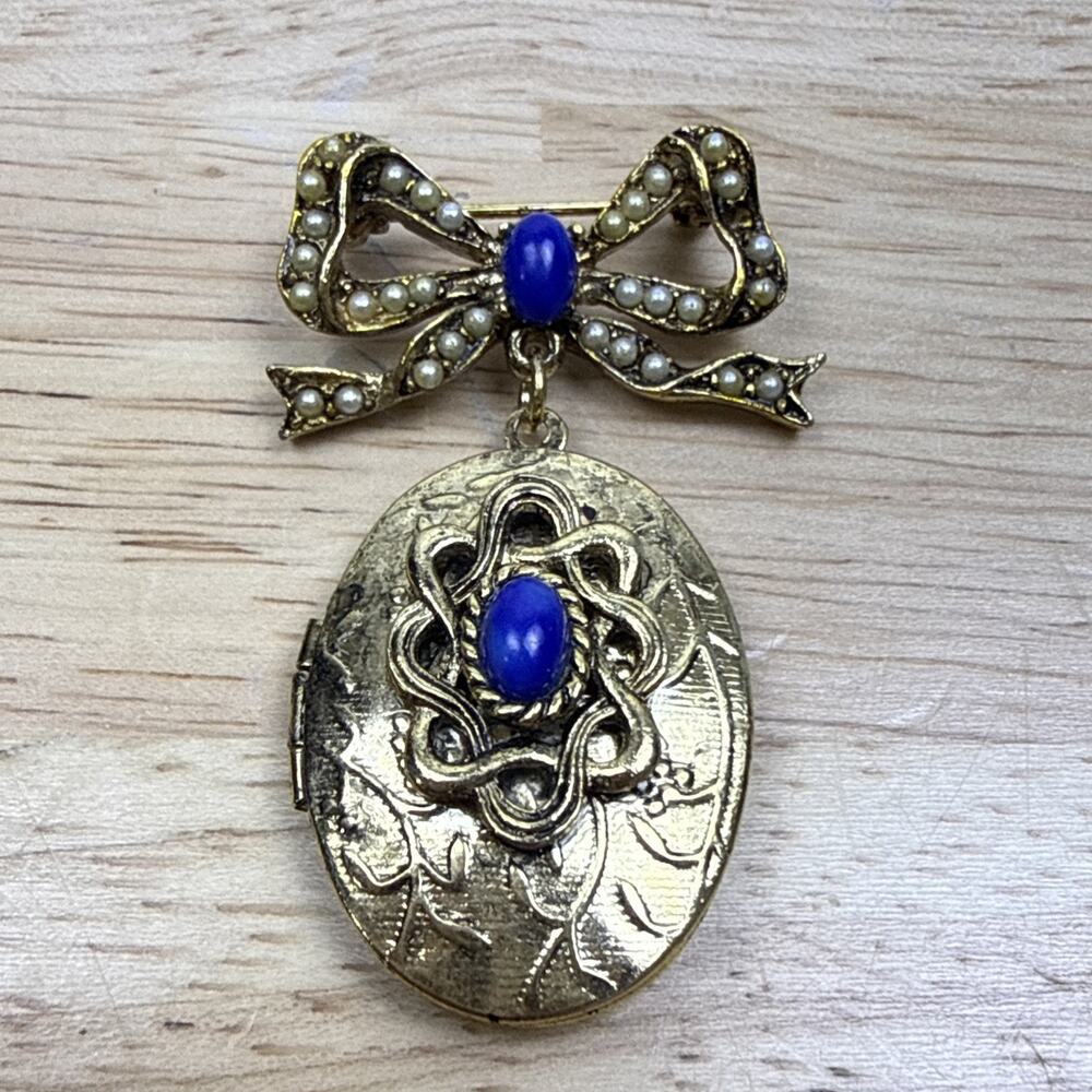 Vintage Jewelry Bow with Seed Pearls Filigree Dangling Blue Lucite Locket Brooch